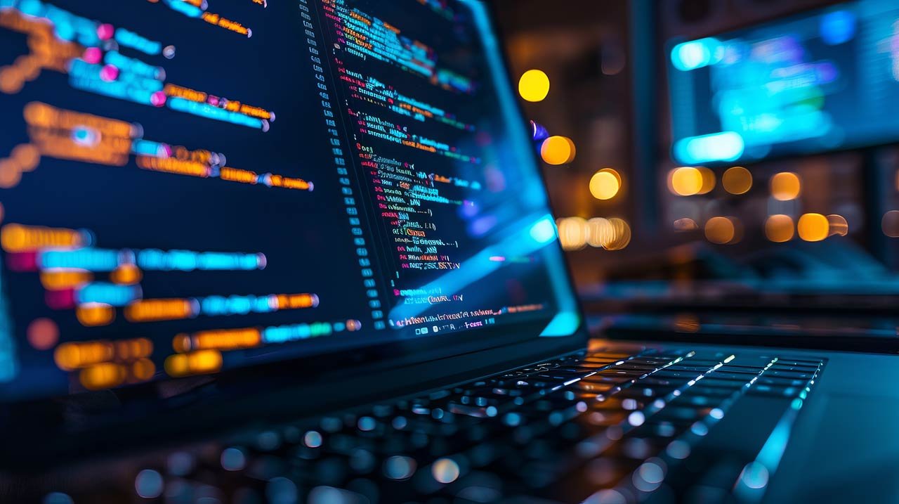 Custom app development with colorful code on laptop screen and city lights bokeh