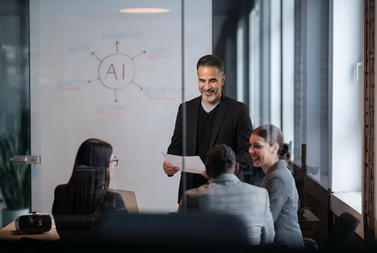 AI Automation Consultation session with business team and AI strategy whiteboard