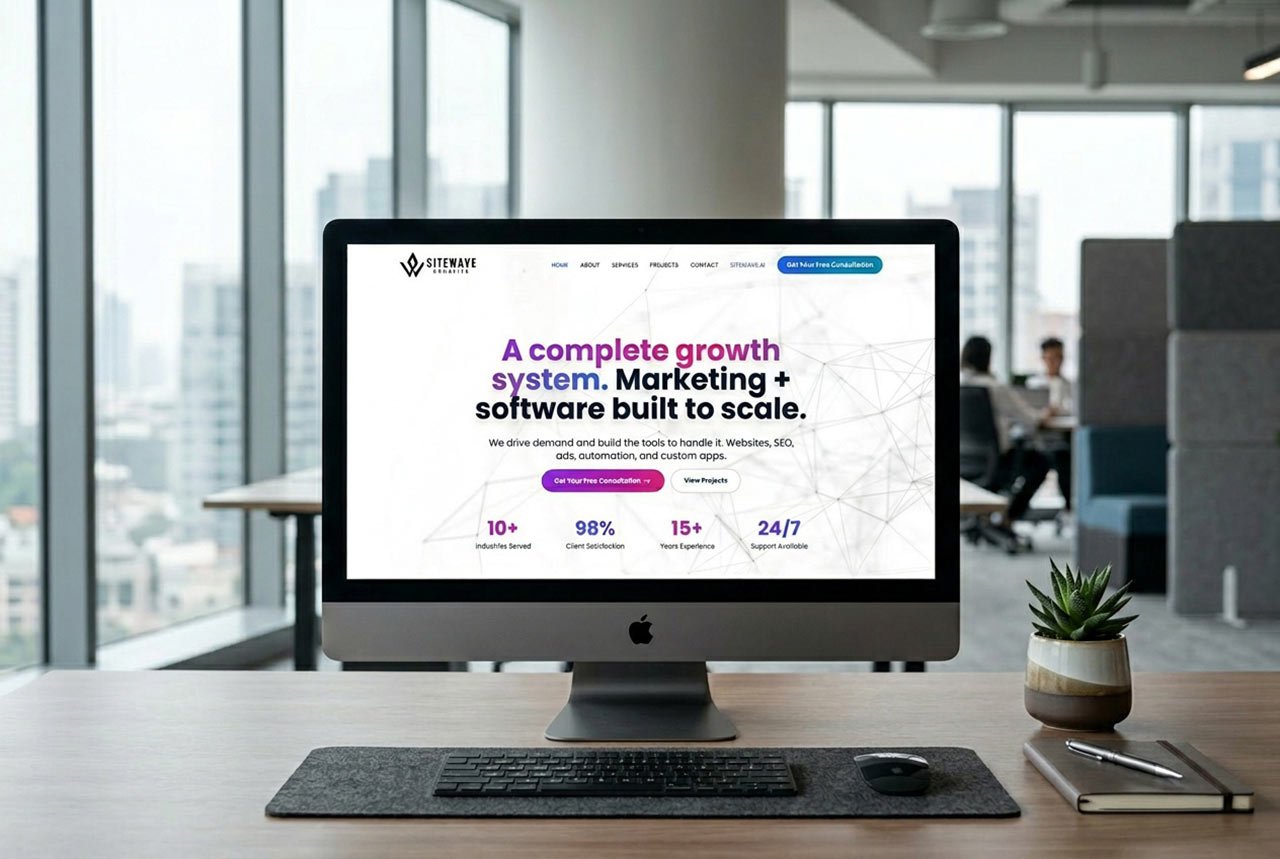 SiteWave Creative website displayed on iMac in modern office with city view